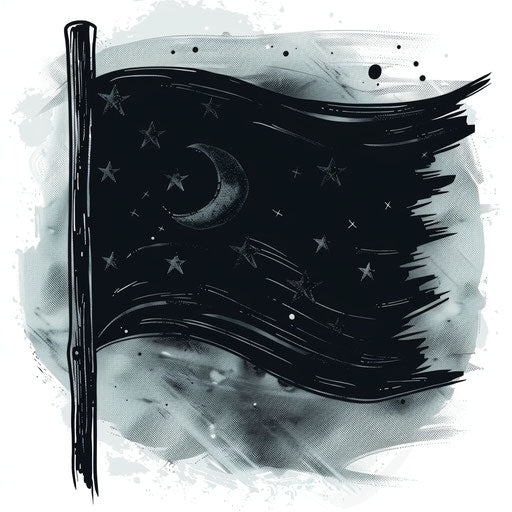 Soft and subtle flat tattoo sketch of a black flag with faint stars and moon