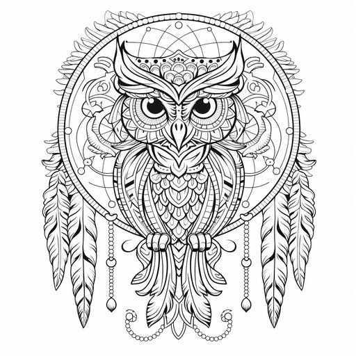 Owl on dream catcher with feathers