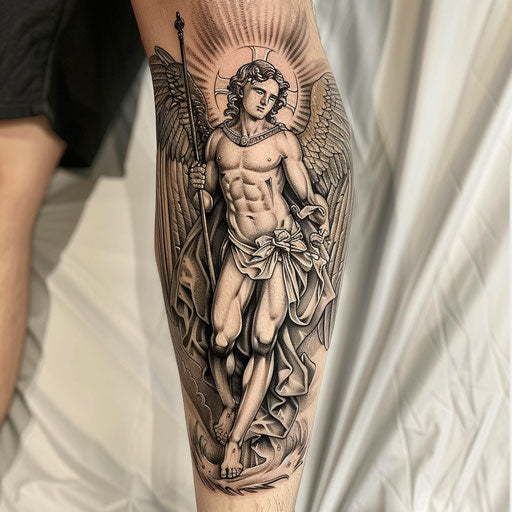 Baroque-inspired Saint Michael tattoo, dramatic lighting