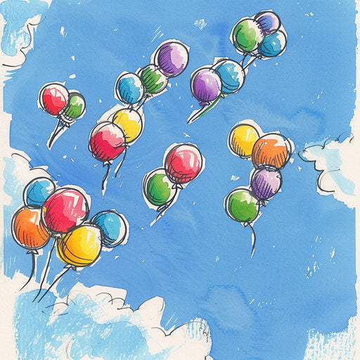 Whimsical flat tattoo sketch of balloons floating up into a clear blue sky
