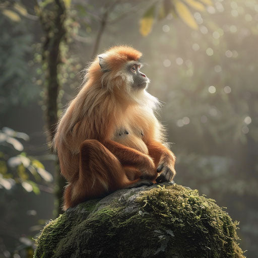 Meditating monkey on mossy rock in soft light