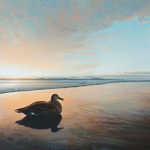 Black-footed albatross on sandy beach at sunset