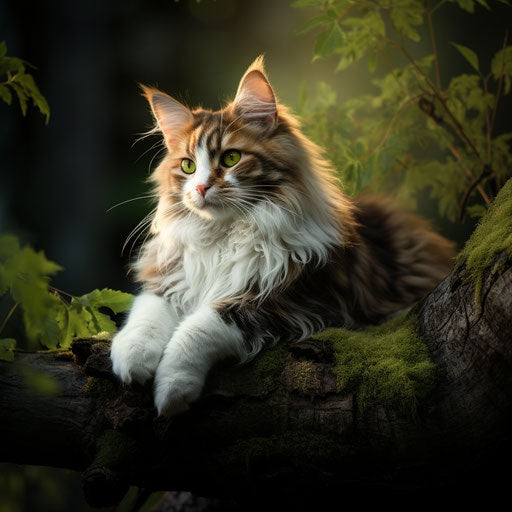 Norwegian forest cat lying on a tree branch