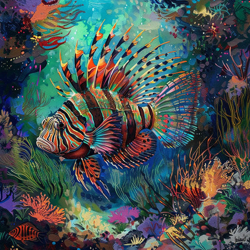 Lion fish swimming in a vibrant coral reef, detailed and colorful