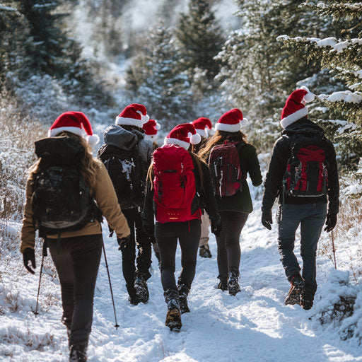 Winter hike with friends in Santa hats