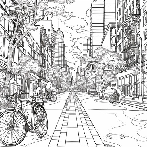 Cityscape with bike lane and cyclists, coloring book page