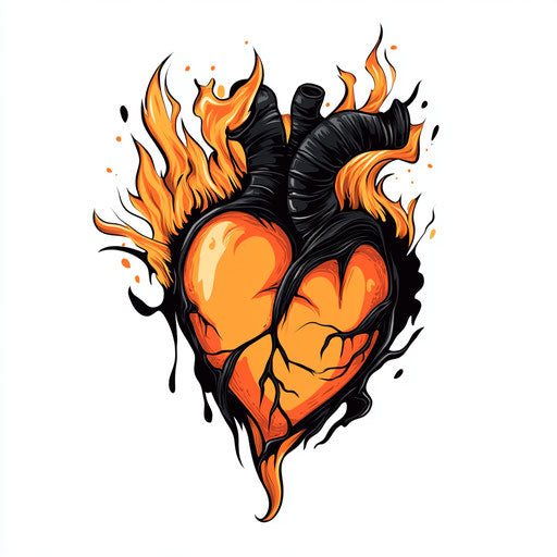 Heartless tattoo engulfed by flames in clipart style