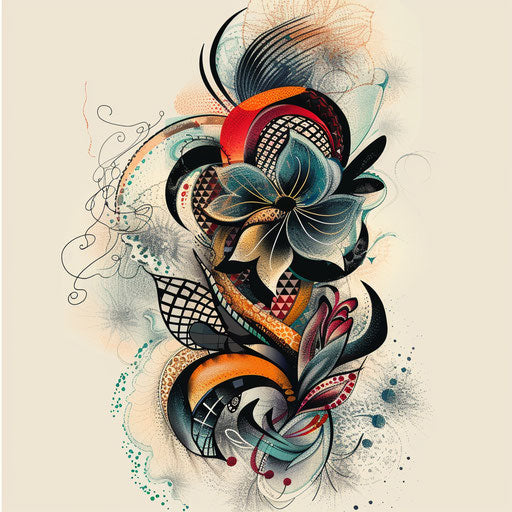 Abstract lace tattoo sketch with bold colors and dynamic shapes