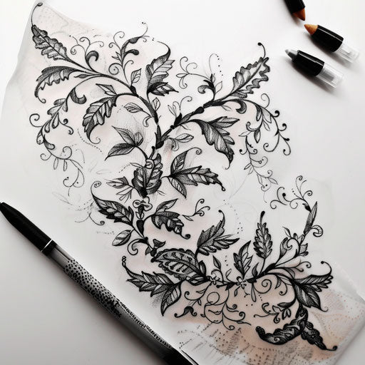 Botanical lace tattoo sketch with vines and leaves weaving