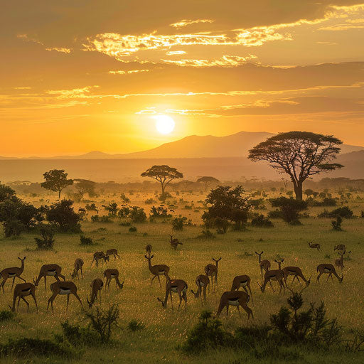 Serene sunrise over the African savannah with gazelles grazing peacefully