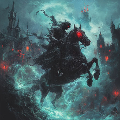 Headless horseman with swirling spirits, riding demonic horse with glowing red eyes, storming through cursed village.