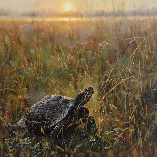 Wood turtle wandering through tall grass in early morning