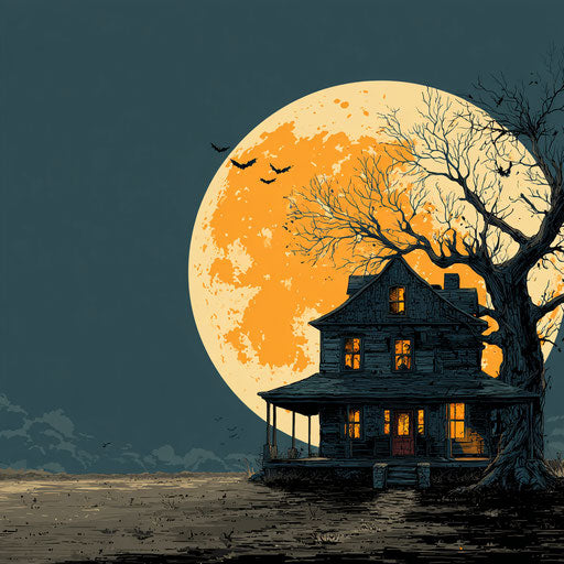 Eerie house beneath a glowing full moon