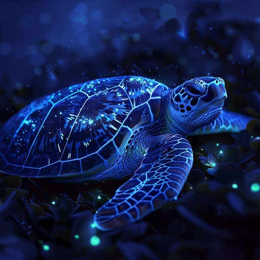 Sea turtle illuminated by bioluminescent algae at night