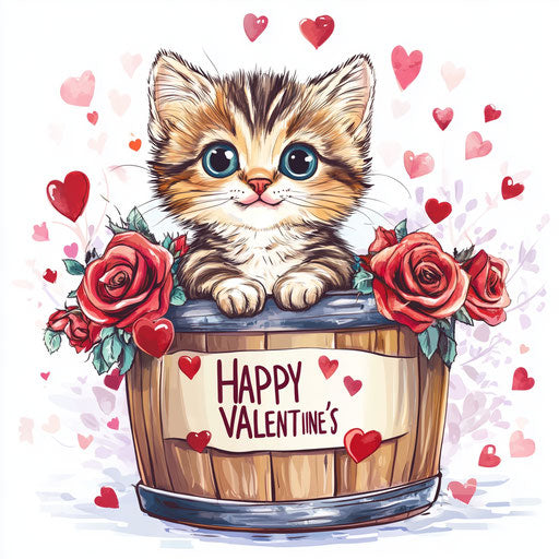 Cute cartoon cat in wooden barrel with hearts and roses, text 'HAPPY VALENTINE'S DAY', clip art style, vector illustration for t-shirt design