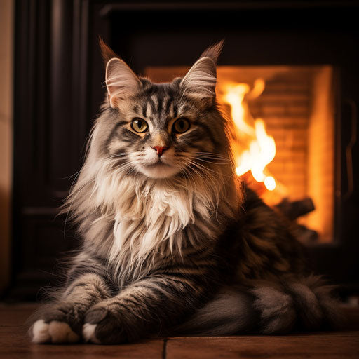Norwegian forest cat in front of a fire in a fireplace