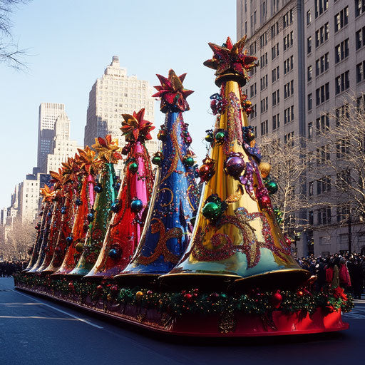 A lively Christmas parade float adorned with large, colorful bells, each ringing in harmony with the music.
