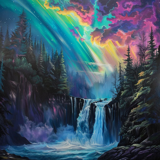 Waterfall under the northern lights in the style of Chris Burkard