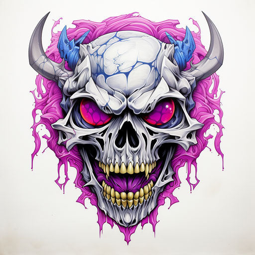 Drawing of black skull tattoo on paper, Rodney Matthews style