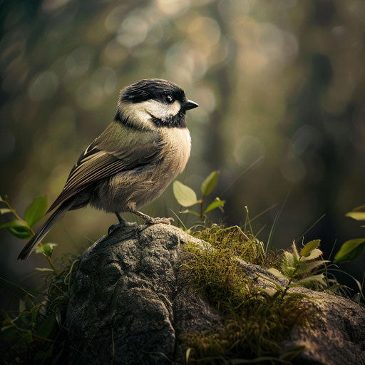 Chickadee bird gracefully perched on a mossy rock