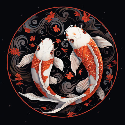 Two koi fish with red dots in a circle