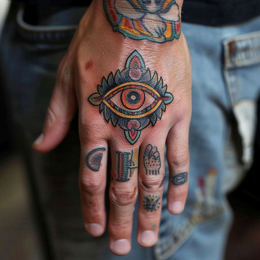 Cartoonish flair ring finger tattoos, Steve Sack style