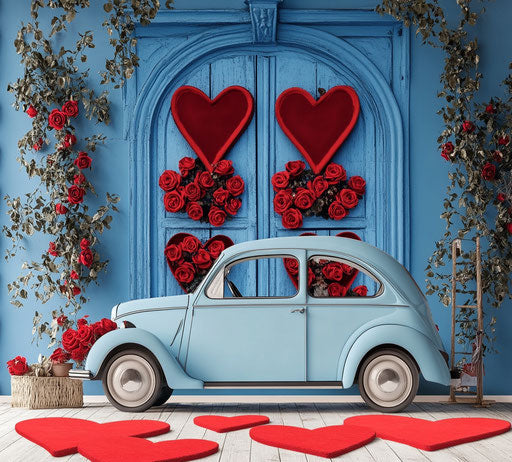 Vintage car with heart-shaped windows and red roses