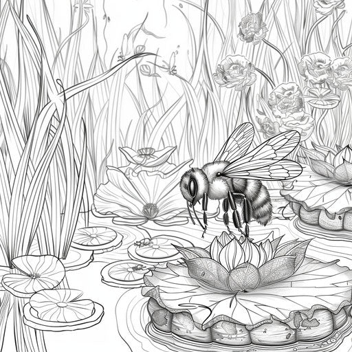 A playful bee riding on a leaf in a pond