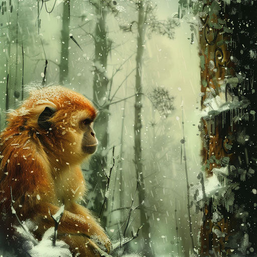 Curious monkey watching snow fall in silent forest