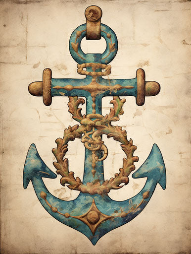 Vintage wooden wall art shaped like an anchor, dark azure and bronze style