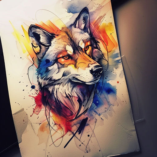 Watercolor tattoo sketch of a lobo with blending colors and a translucent effect