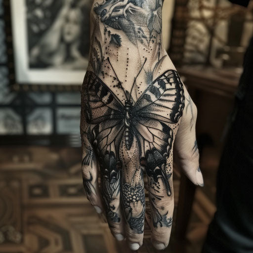 Butterfly hand tattoo with a touch of darkness
