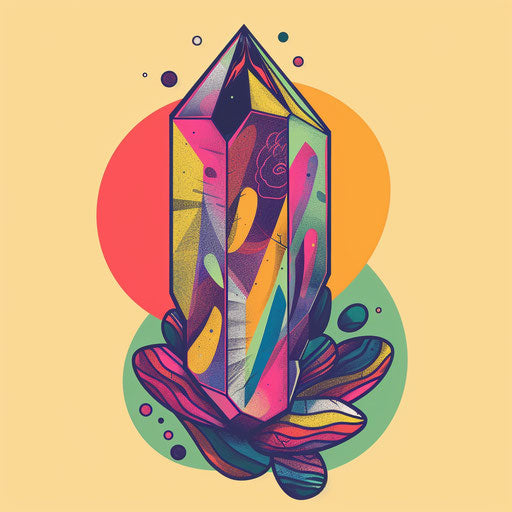 Sketch of retro flat tattoo of a 70s style crystal with psychedelic patterns