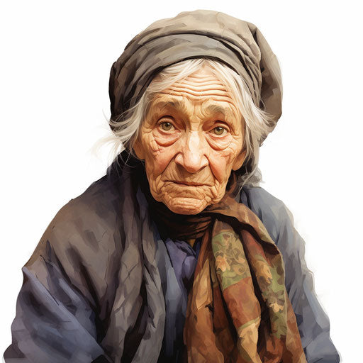 Old lady clipart in the style of Oil painting on white background