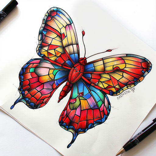 Sketch of a red butterfly with stained glass style wings