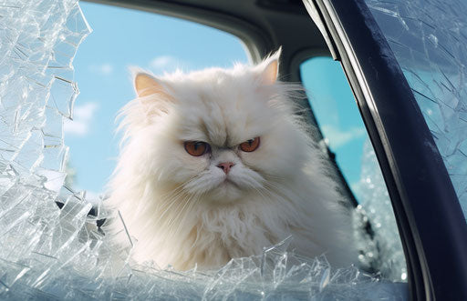 White cat sitting in shattered car windows