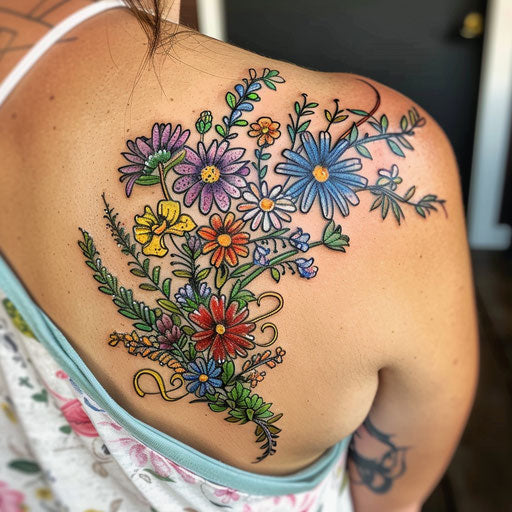 Wildflower shoulder tattoo, cascading design