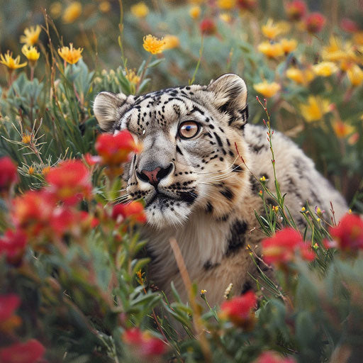 A snow leopard amidst a field of alpine flowers, a rare glimpse of spring in the mountains.