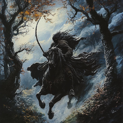 Headless rider in dark forest under stormy sky