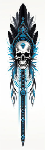 Indian feather, skull and arrow tattooed