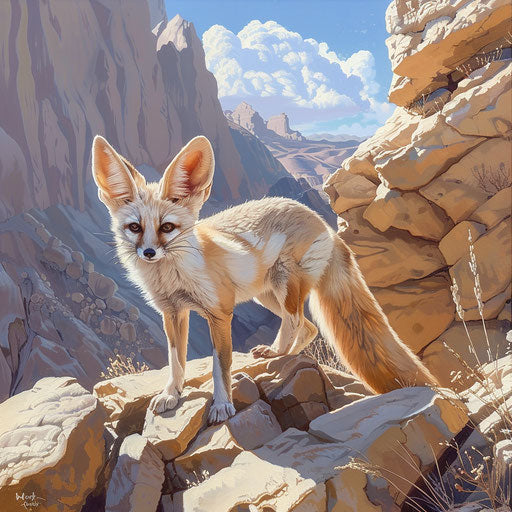 Fennec fox on rocky desert hillside