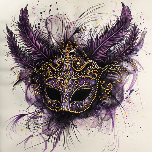 Festive tattoo sketch of a masquerade mask with feathers and glitter, in rich purples and golds, styled in an ornate clipart design