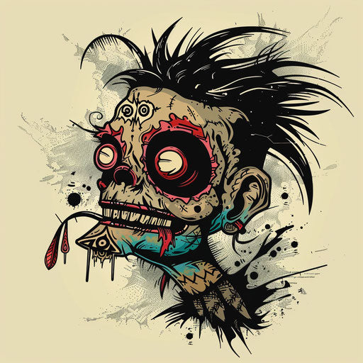 Shrunken head with tribal markings in flat tattoo style