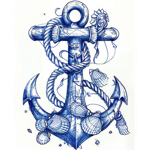 Sketch of a nautical tattoo of an anchor with shells entangled in the rope, navy blue and white, clipart style