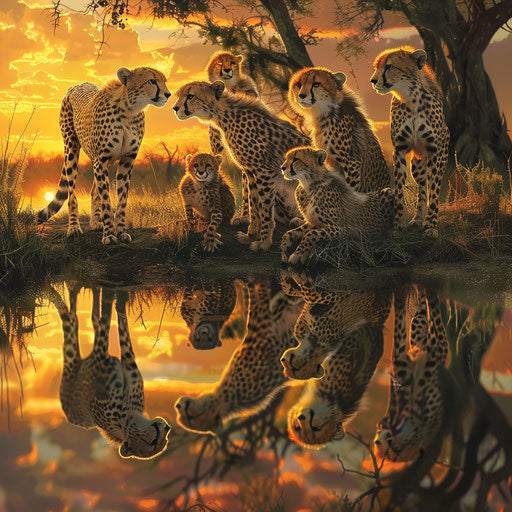 Family of cheetahs at watering hole at sunrise