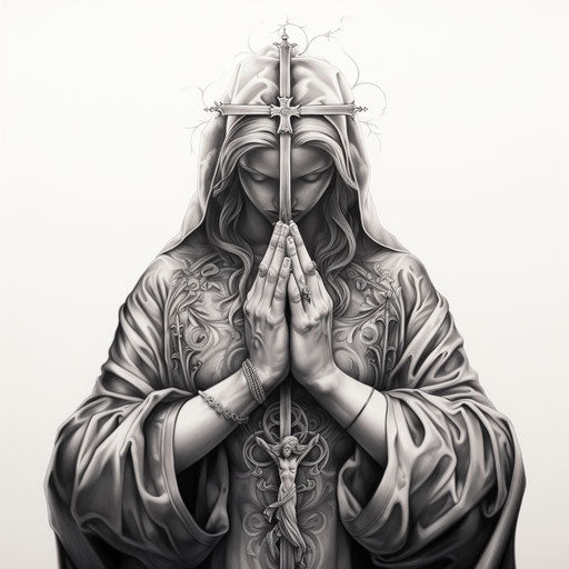 Cross tattoo with praying hand, grisaille style, dignified poses