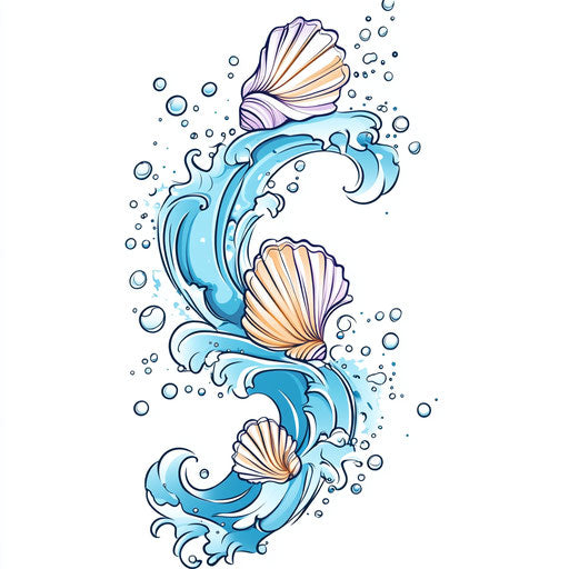 Toe tattoos with wave and shell motif on white