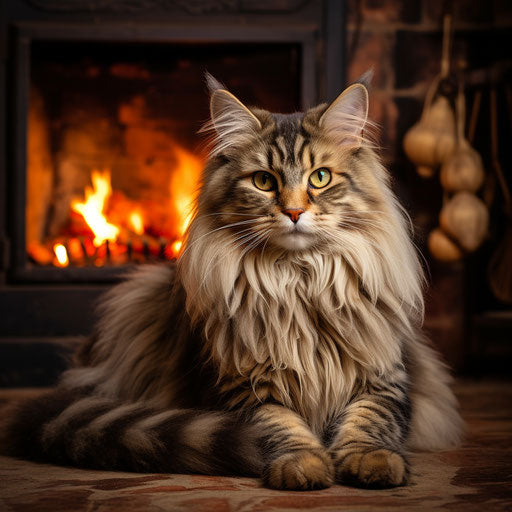 A Siberian cat in front of a fire in a fireplace