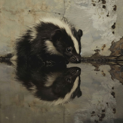 A skunk with its reflection in a still pond