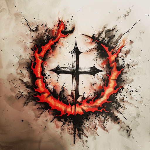Strength cross tattoo engulfed by fire, passion and resilience